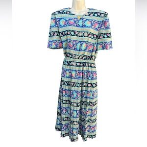 Vintage Lady Carol Midi Dress Floral‎ Geometric Print 80s Boho Style Size 10